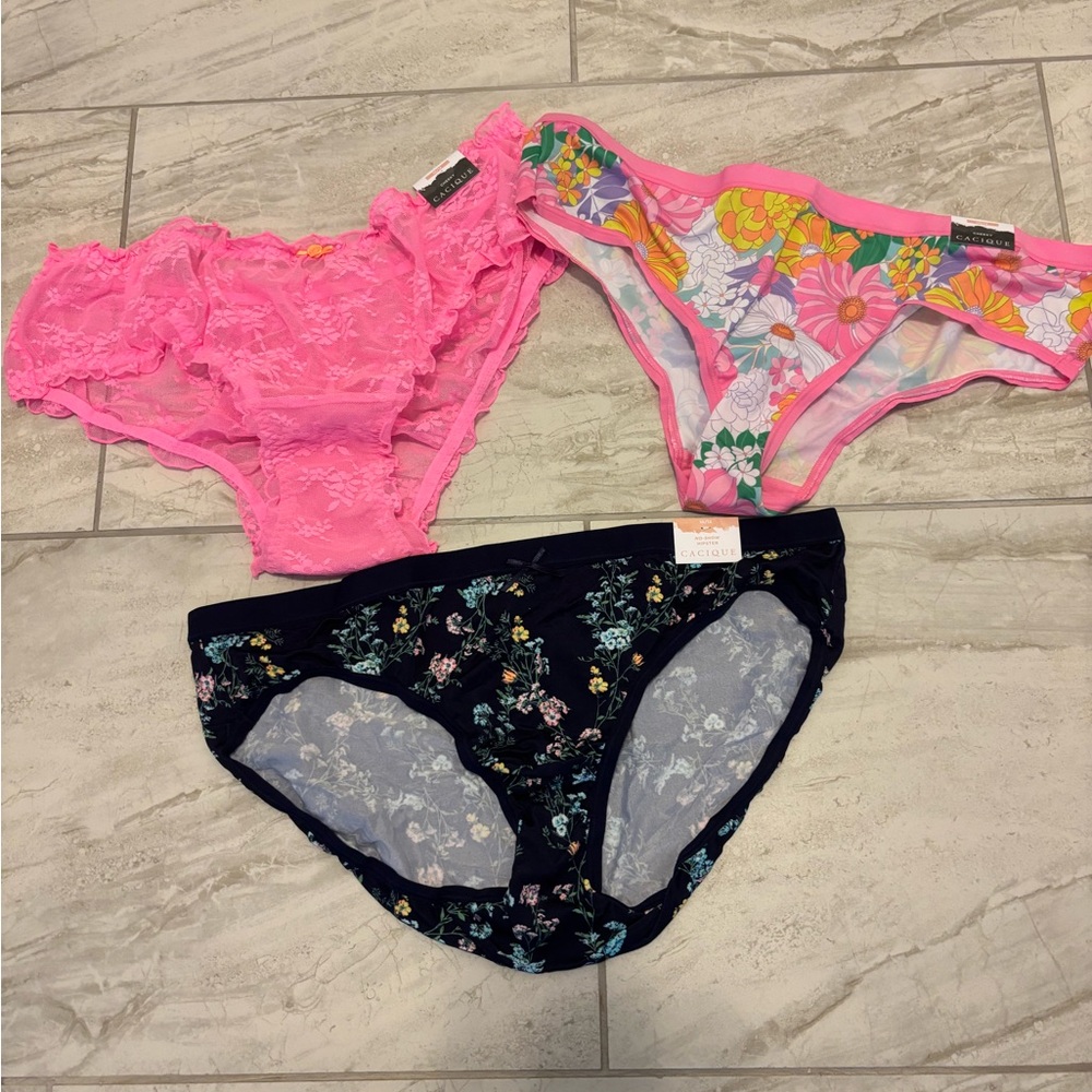 Cacique Pink and Black Floral Lace Panty Trio